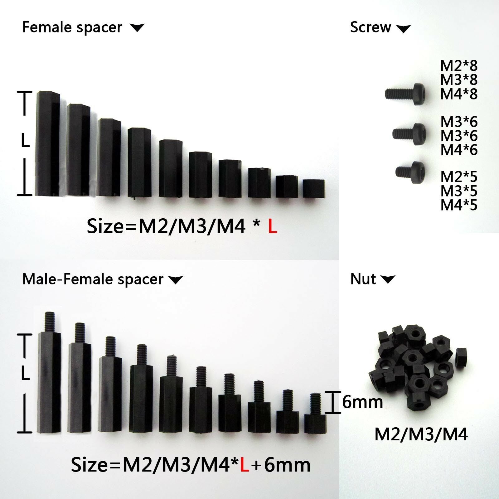 25/100pcs Black Plastic Nylon M2 M3 M4 Hex Column Standoff Spacer Phillips Screw
