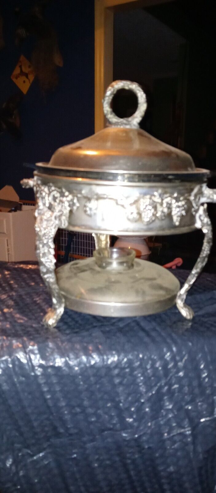 Sterling Silver Pot With Glass Bowl And Warmer